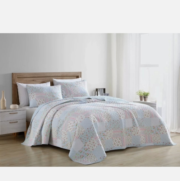 💙Blue PinkFloral Bedspread Coverlet Set Pre-Washed Cott